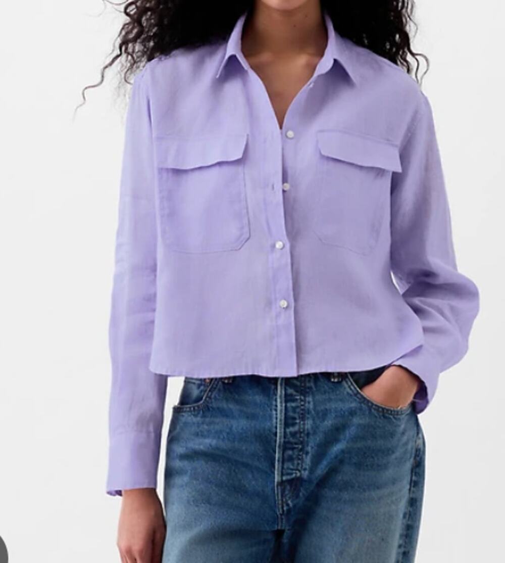 GAP Linen Long Sleeve Cropped Button Down Shirt Lavender Purple Medium